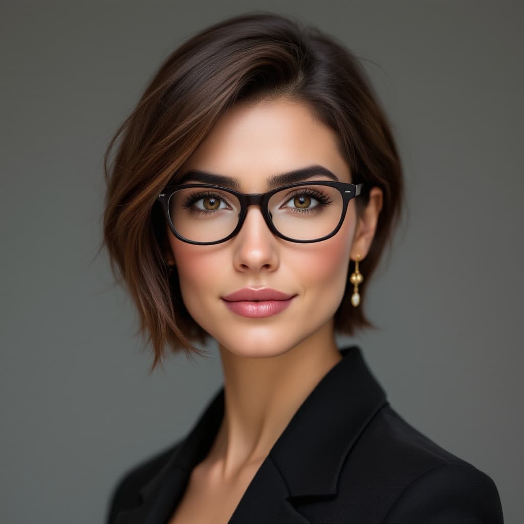 AI generated: realistic, virtual avatar, professional looking Mediterranean woman in her late forties, wearing gla...
