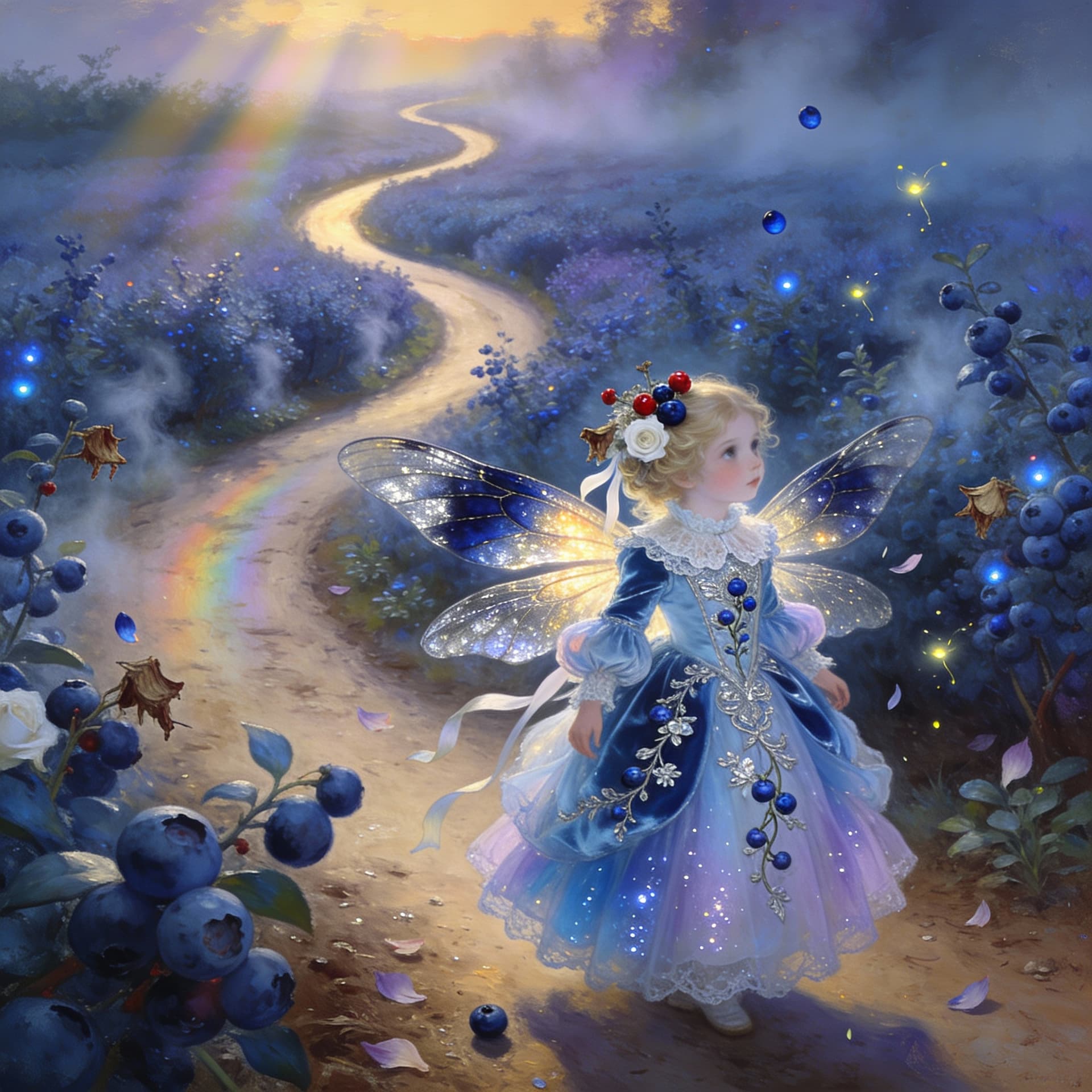 AI generated: Wide enchanting fairy tale scene: delicate tiny Victorian fairy girl with translucent dragonfly-like...