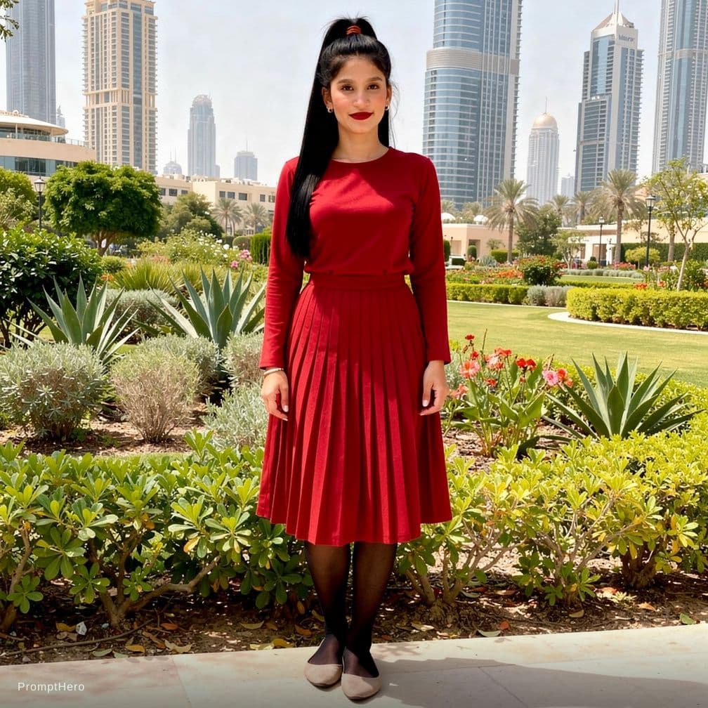 AI generated: photorealism, rusian woman, young girl, full body, standing split, black hair, ponytail, wearing a s...