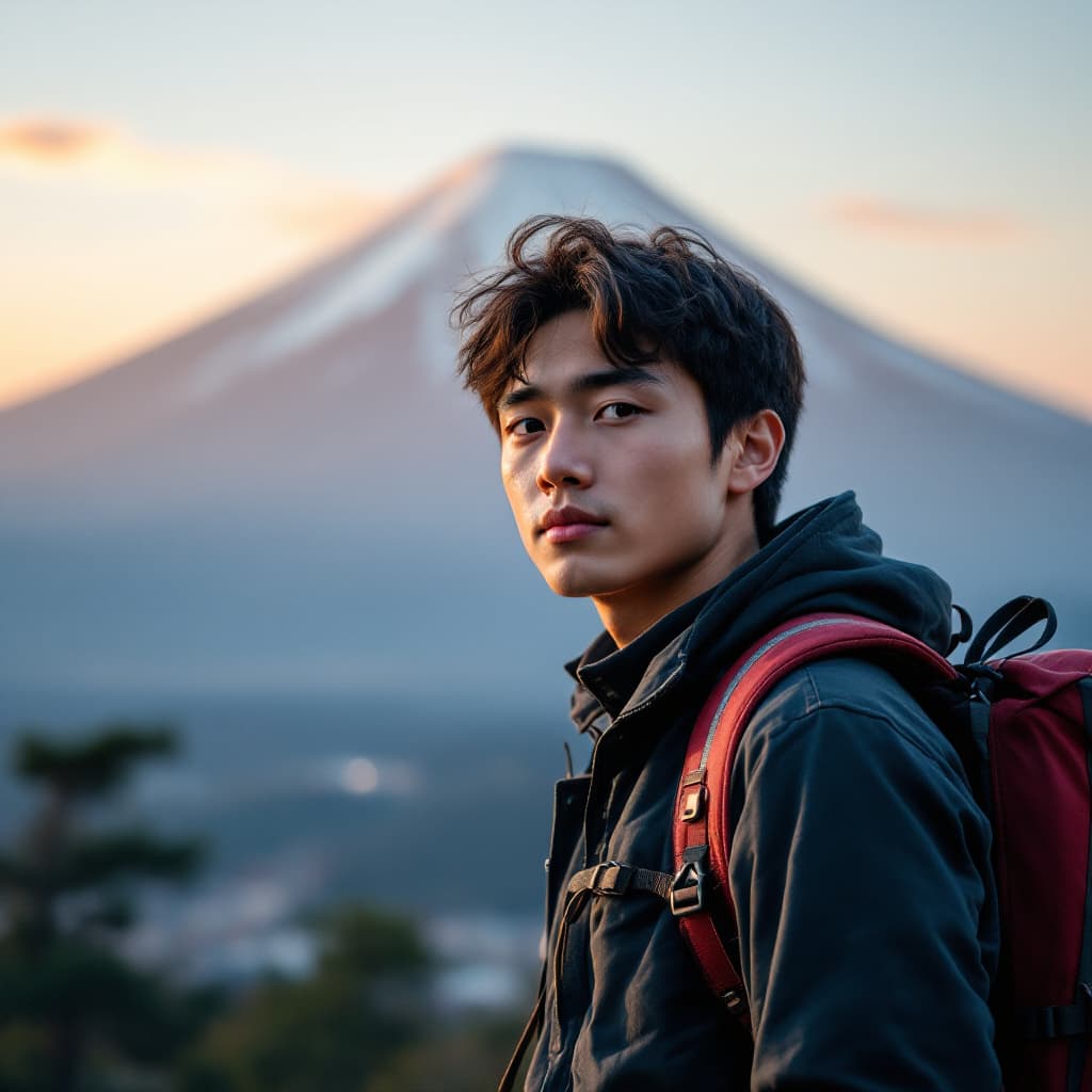 AI generated: An 18-year-old asiatic man standing with a backpack. In the background, there should be a mountain l...