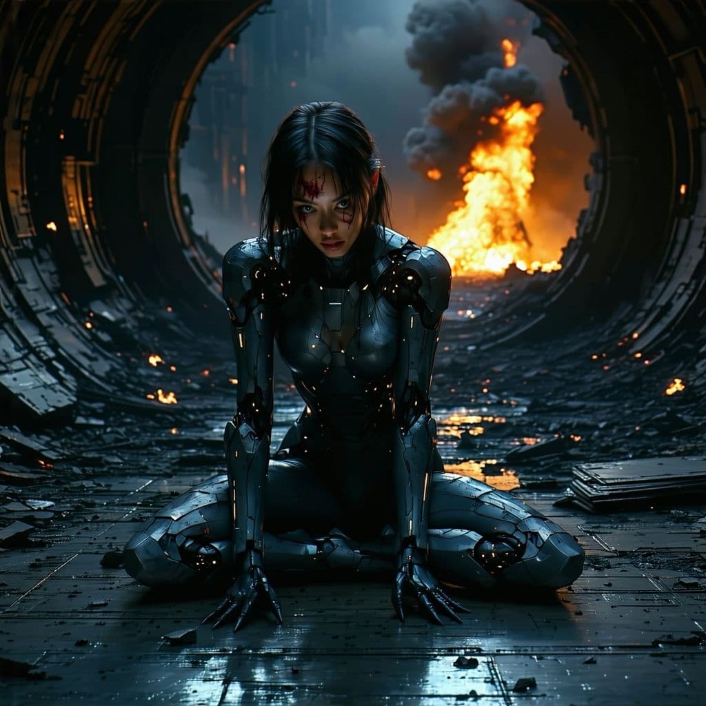 AI generated: A woman, likely a cyborg, sits slumped on a dark, metallic floor in a futuristic, damaged, and dimly...