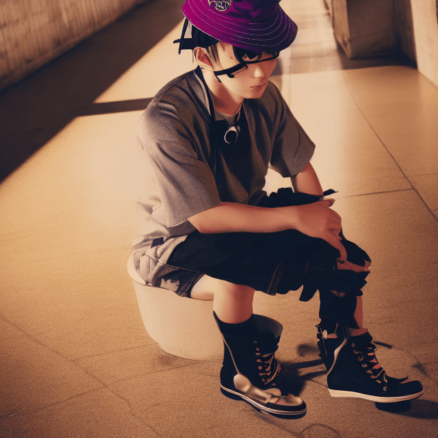 AI generated: cute anime boy wearing a bucket hat, and a Dr Martins boot, funko, 8k uhd, cinematic lighting, stunn...