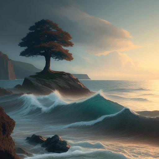 AI generated: sea,rock,wave,tree,in style of Edward Moran