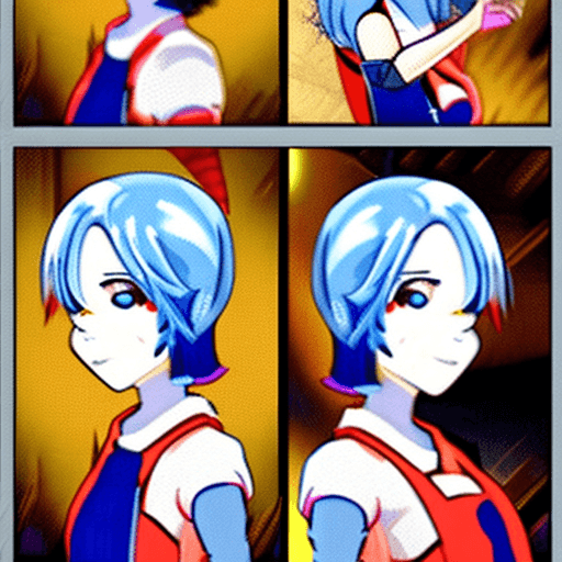 AI generated: girl, short blue hair, random poses, anime style, wearing bungarees, smiling