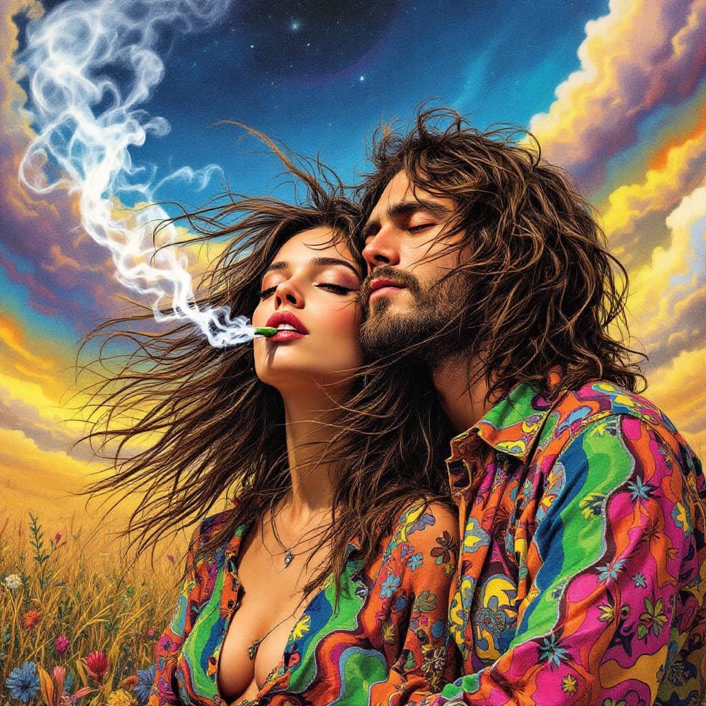 AI generated: A hippy girl and her hippy boyfriend from the 60's. Highly detailed. High as a kite. Their hair blow...