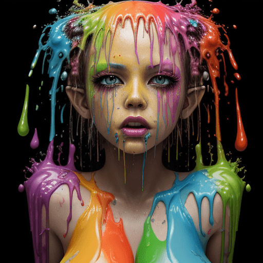 AI generated: oozing gooey leaking dripping damp coalescing viscous female fashion photography, rainbow goo, rainb...
