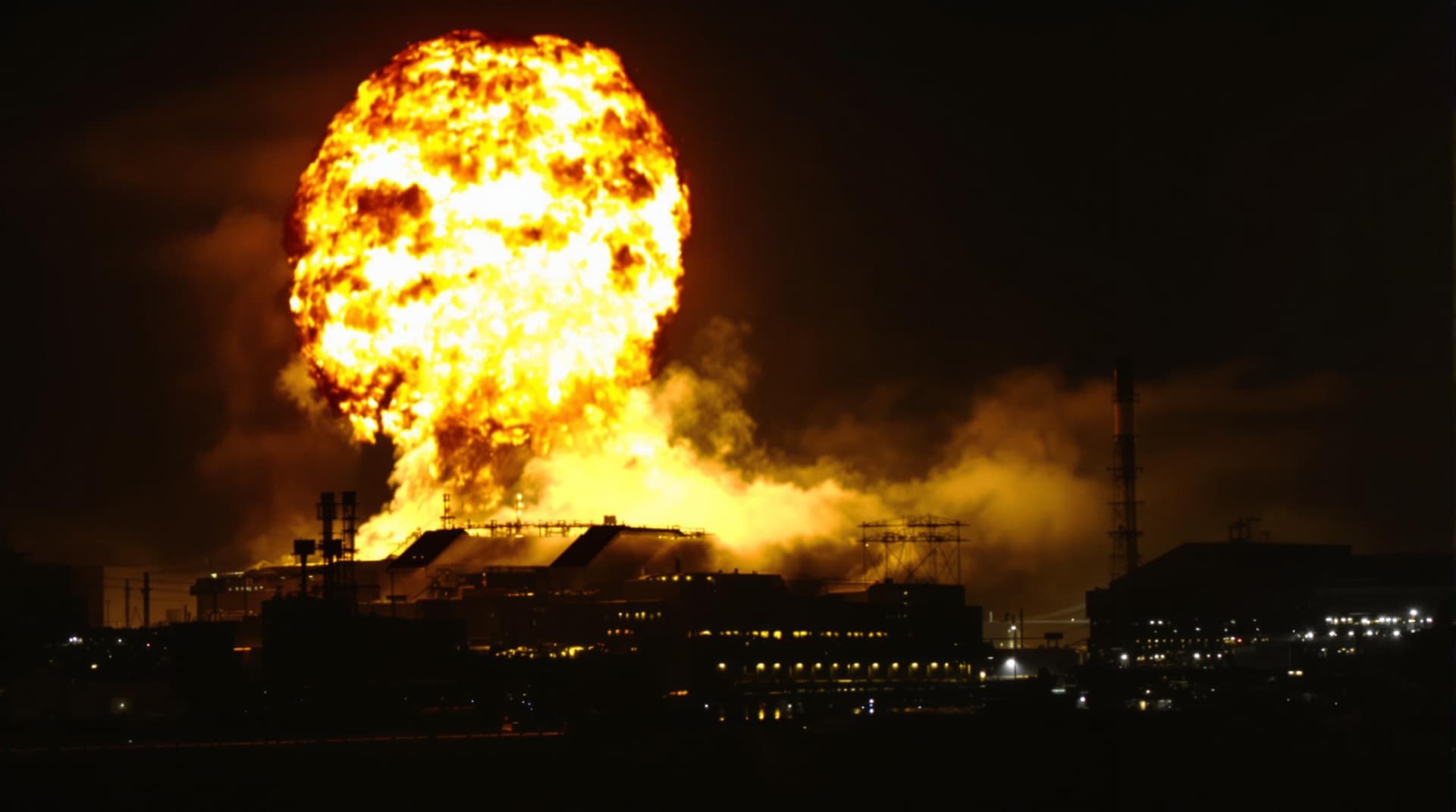 AI generated: A dark, apocalyptic scene of Reactor 4 at the Chernobyl Nuclear Power Plant exploding at night, with...