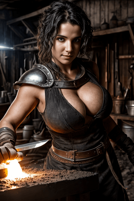 AI generated: strong female blacksmith, big tits, forging a sword, skin from chaos, dark atmosphere, dust explosio...