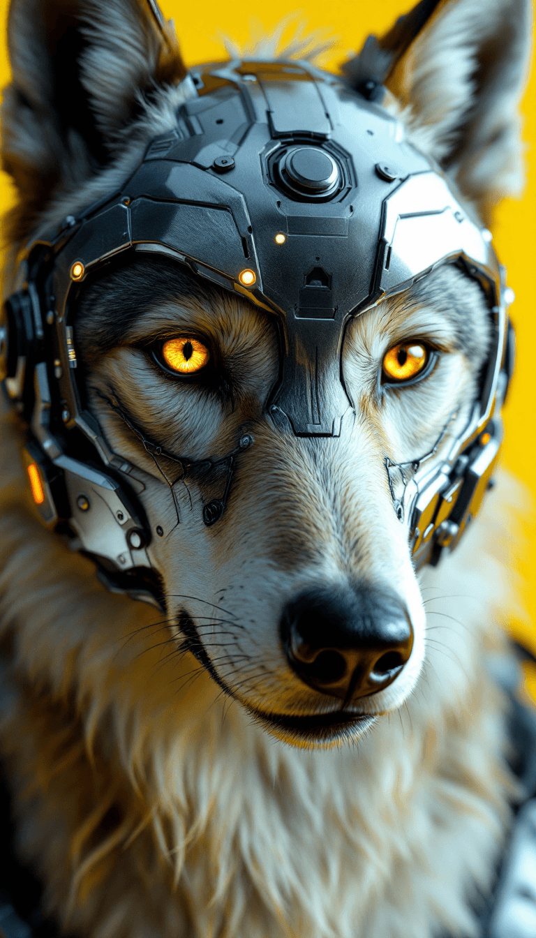 AI generated: A hyper-realistic portrait of a creature that is half-wolf, half-cybernetic being, staring directly ...