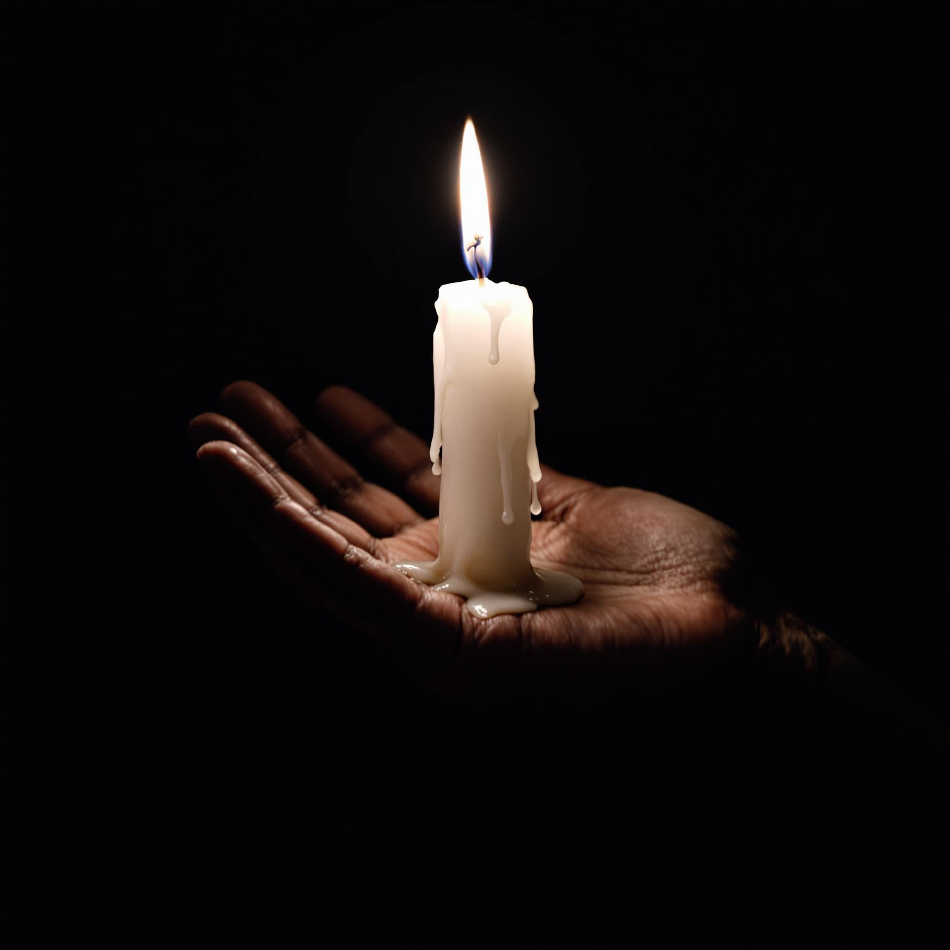 AI generated: The image depicts a hand holding a lit candle against a dark background. The candle is white, with w...