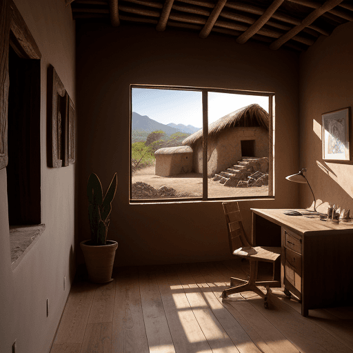AI generated: Adobe mud house from mexico home office, natural oak desk, ambient lighting from a floor-to-ceiling ...