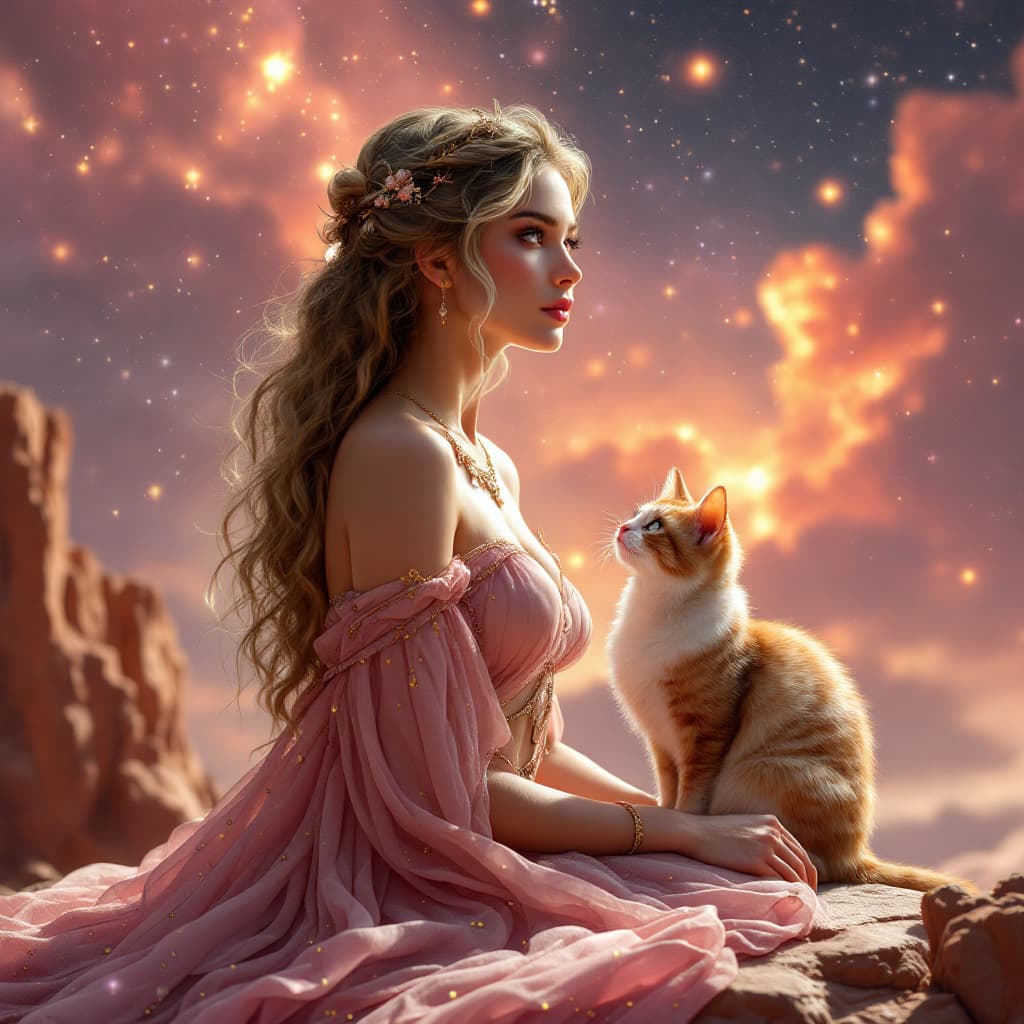 AI generated: 
"Una imagen fotorealista de la diosa griega del amor, Afrodita, de rasgos delicados y cabello largo...