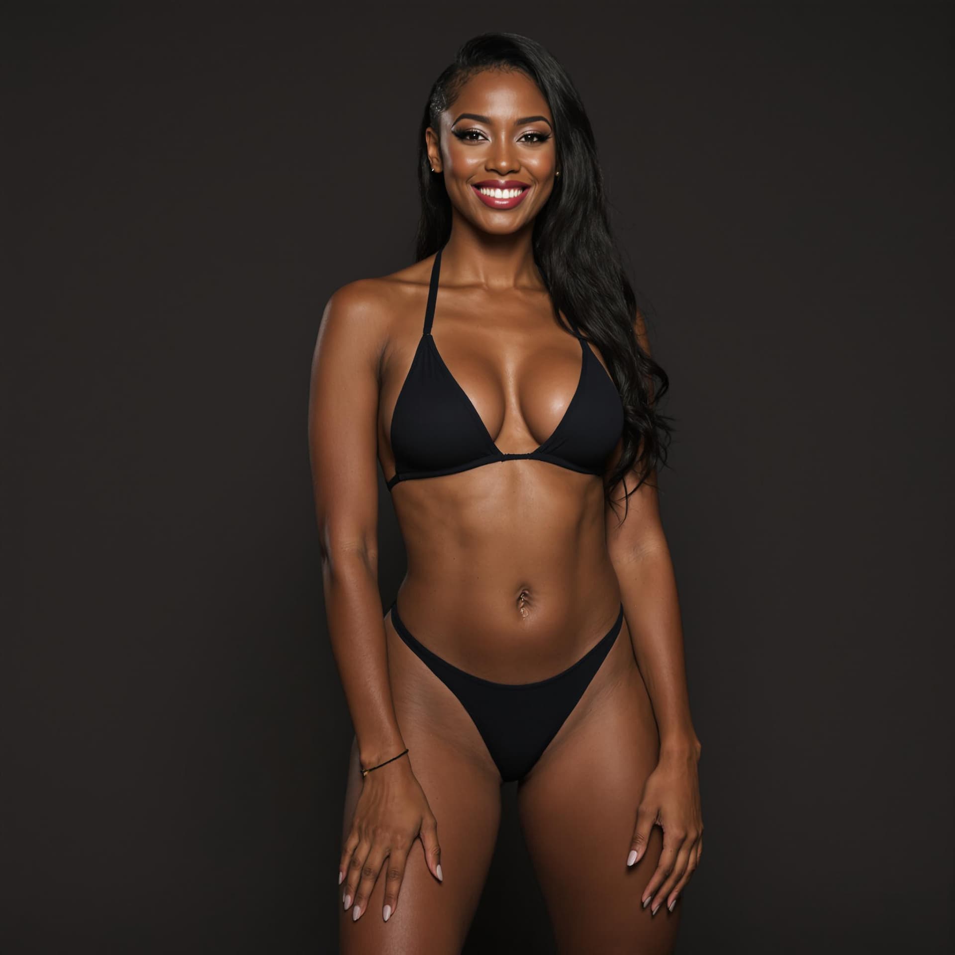 AI generated: a professional photograph of a black woman standing, smiling, and giving a pose into the camera. She...