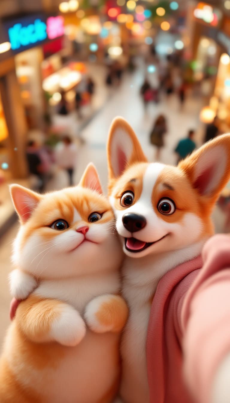 AI generated: A corgi with round, expressive eyes and a big smile taking a selfie while hugging a fat, happy-looki...