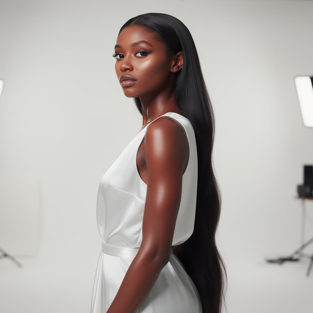 AI generated: A captivating image of a young, extremely attractive black woman with long, dark, flowing hair casca...