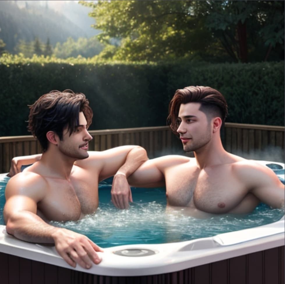 AI generated: two bros chilling in a hot tub next to each other because they’re gay, trending on artstation, award...