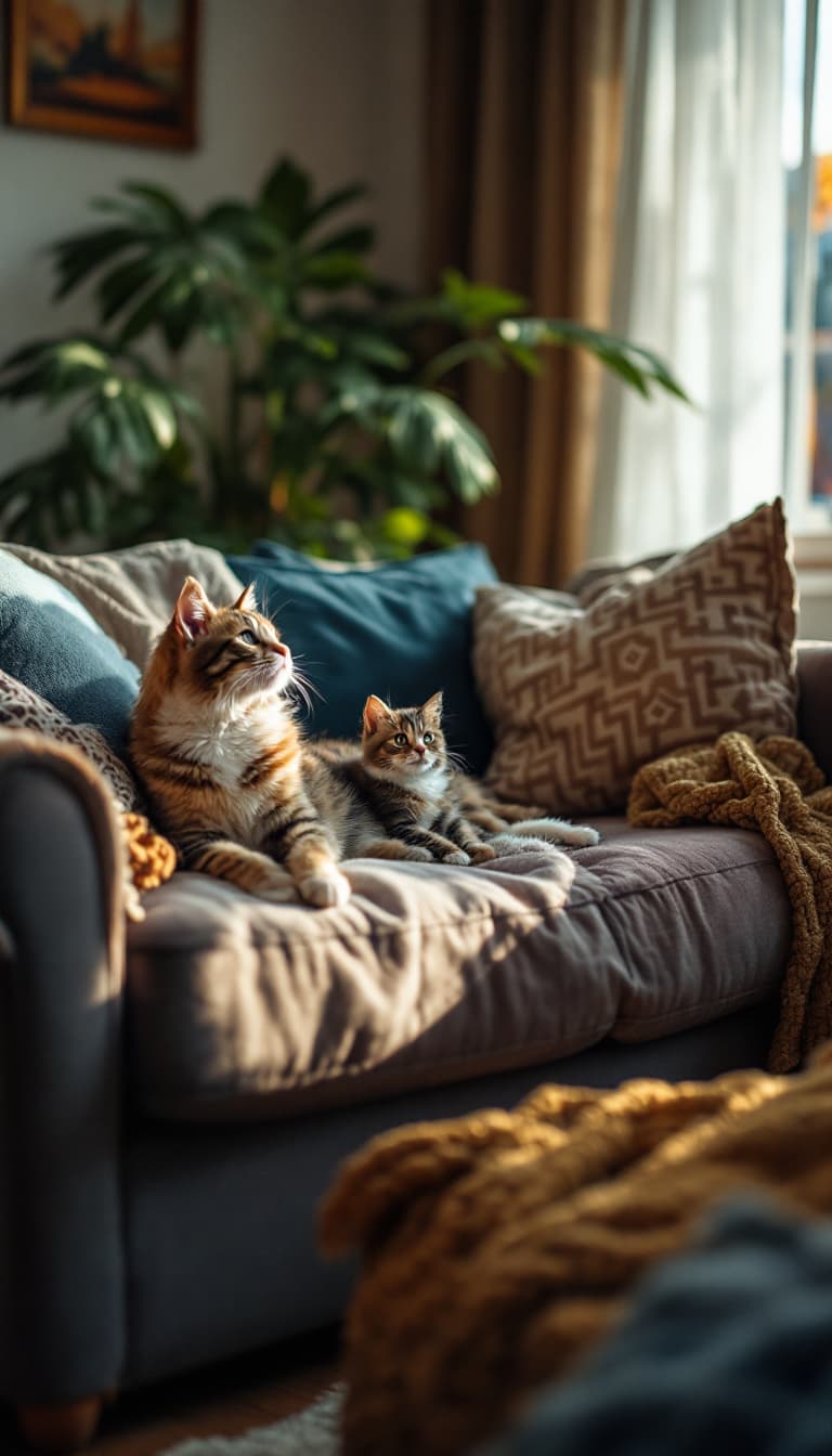 AI generated: photograph, candid shot, famous randomly couch and randomly finished with randomly cats, center poin...