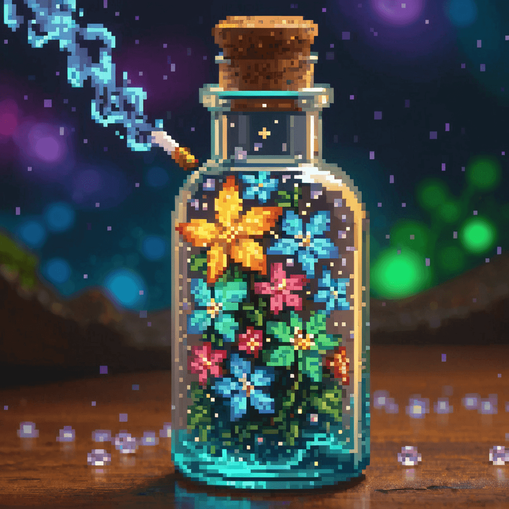 AI generated: Delicate magical fairy dust in a bottle smoking with cosmic magical energy, highly detailed painting...