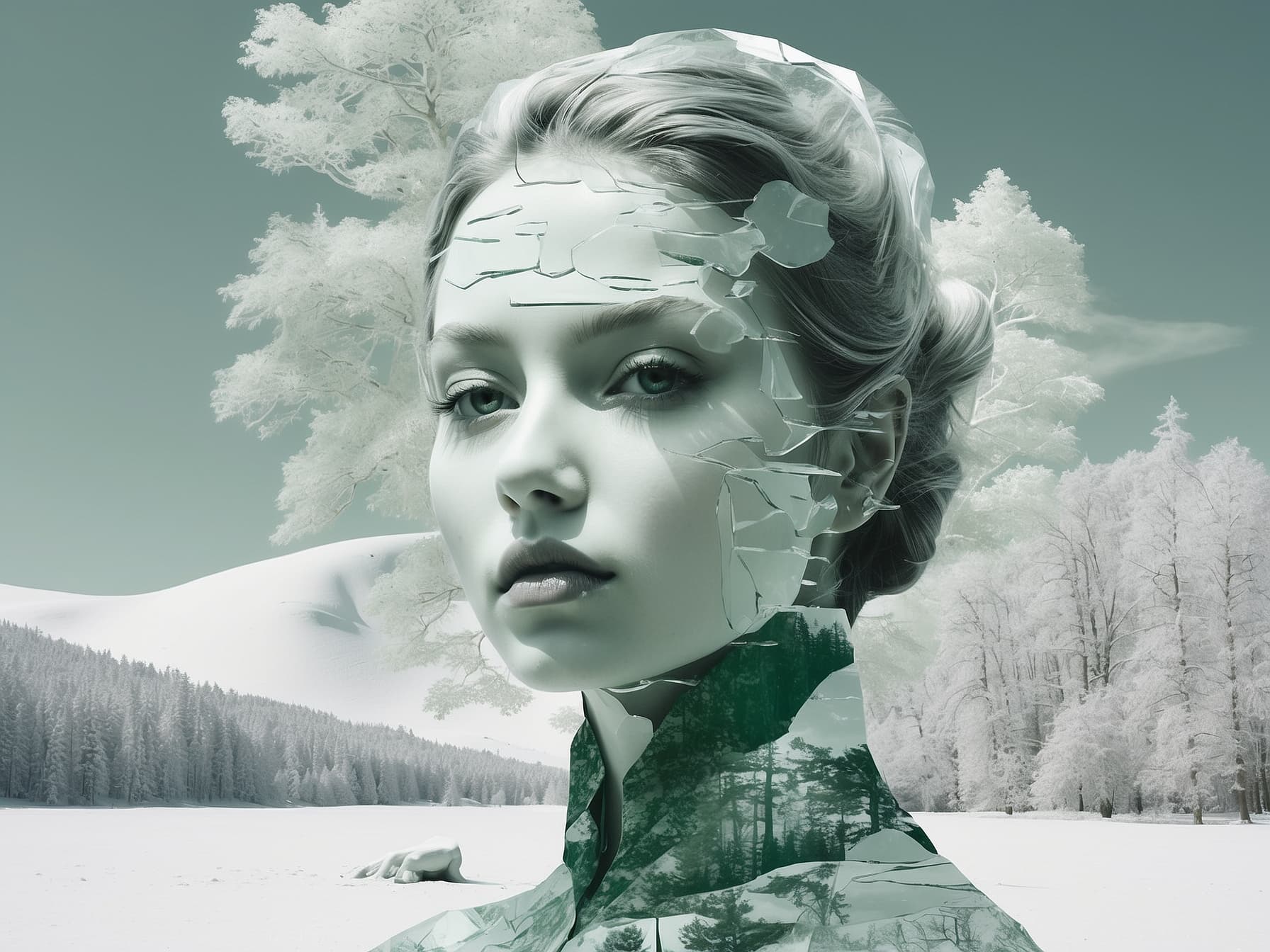 AI generated: a woman's face with trees in the background, a detailed matte painting by Igor Morski, behance conte...