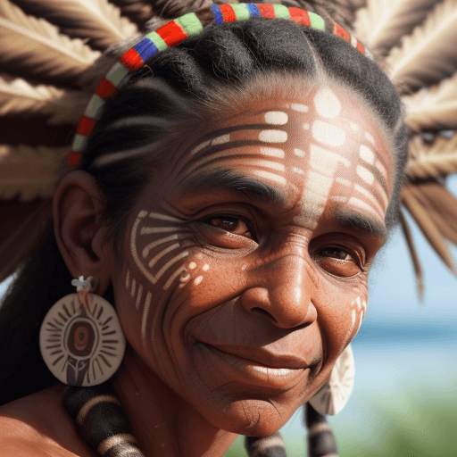 AI generated: close-up portrait man ((Amazonian aborigine)) looking straight ahead, (prominent smile, very marked ...