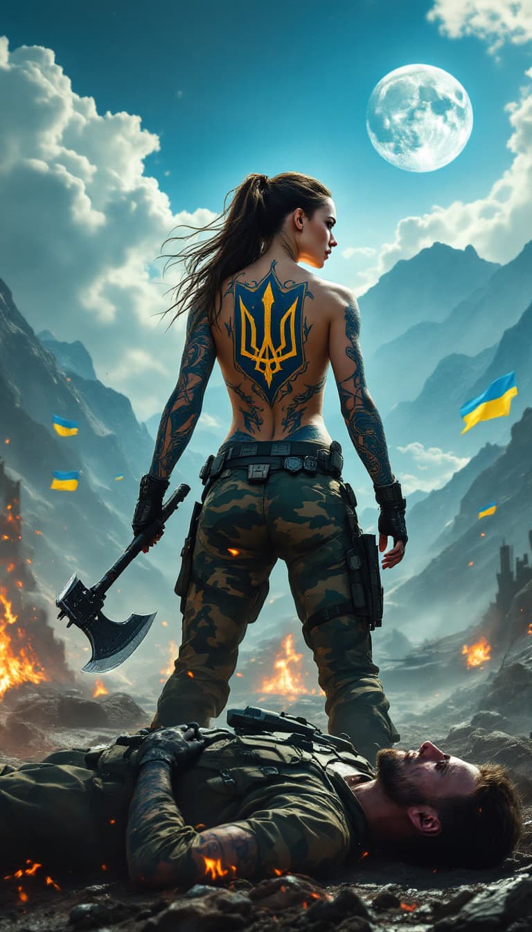 AI generated: An all over the body Tatooed with Ukrainian trident motif heavily armed with rifles and a futuristic...