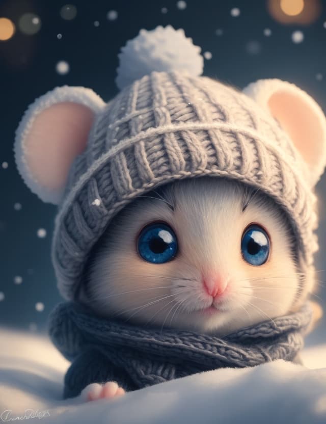 AI generated: cute little  mouse wearing knitted winter hat. huge big round eyes see christmas gift. snowflakes ar...