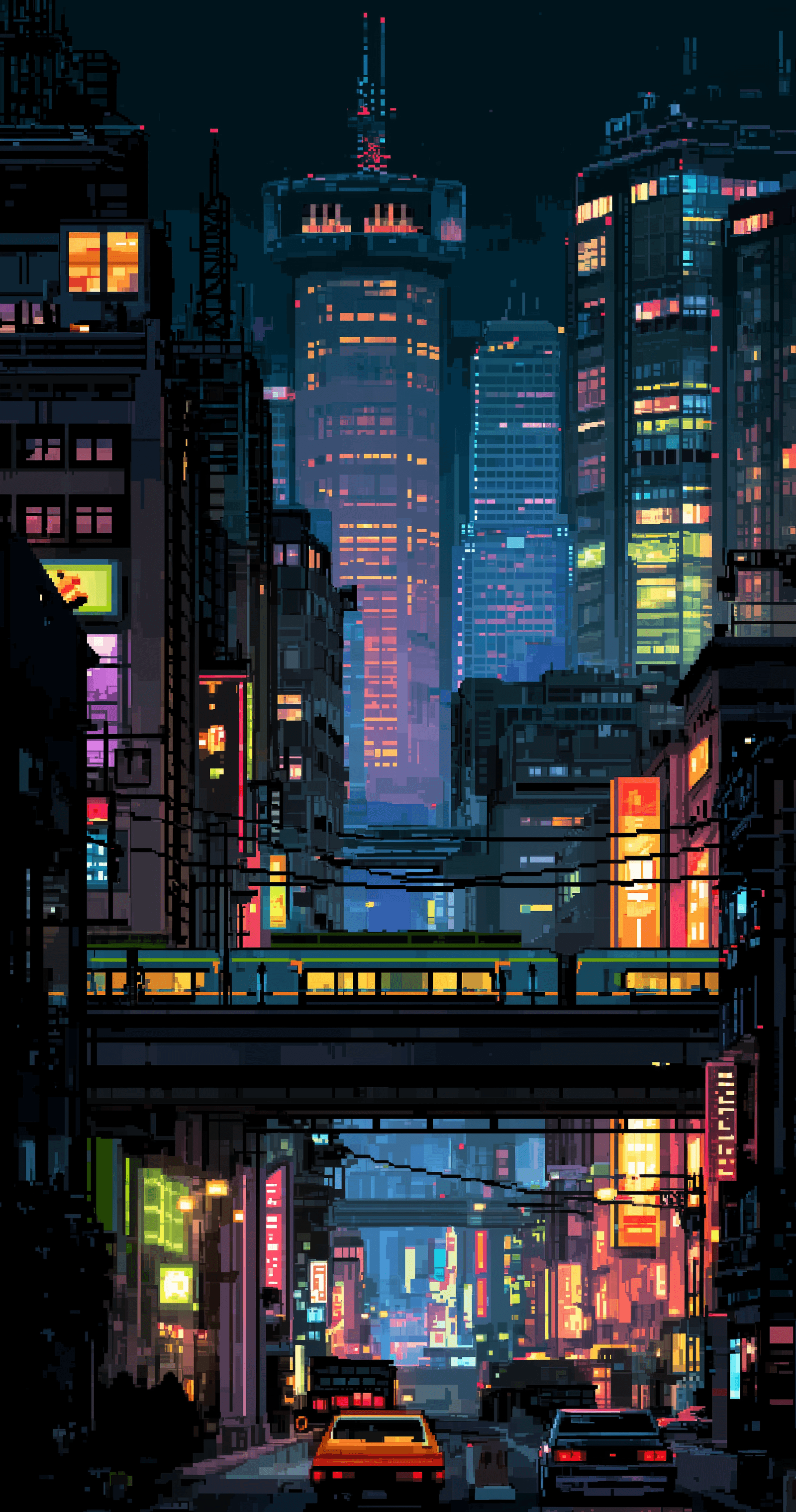 AI generated: pixel art style, cityscape, nighttime with neon lights, 16-bit aesthetic, retro configuration graphi...