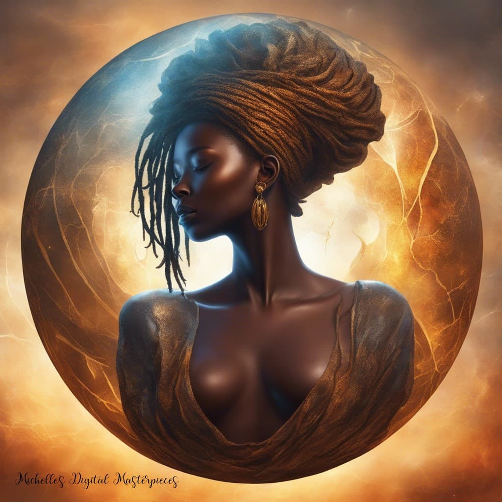 AI generated: 3D African American with long flowing dreadlocks within a cracked sphere