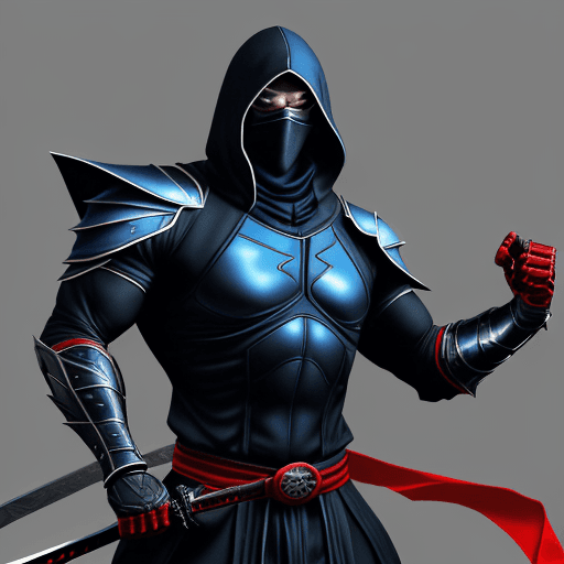 AI generated: A tall, imposing black and blue ninja, reminiscent of Sub-Zero, stands poised with a sleek, silver s...