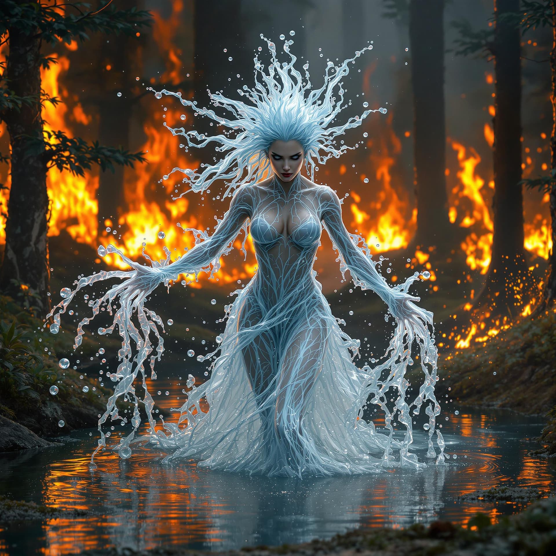 AI generated: female elemental being, queen of water, full body, realistic water hair, water skin, transparent bod...