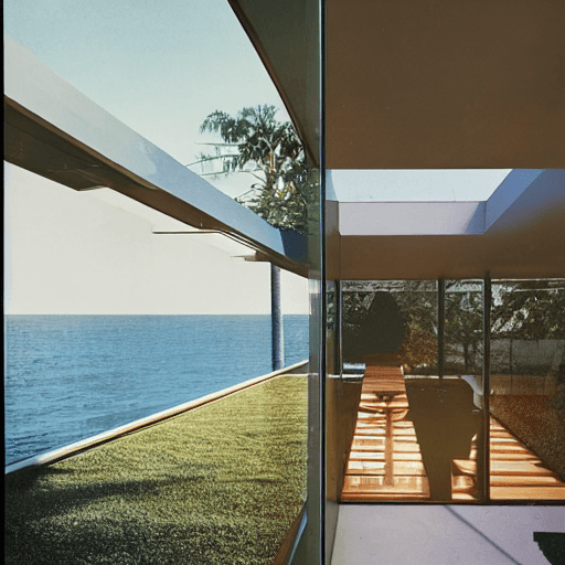 AI generated: hyper realistic eye level exterior photo of a mid century modern style house overlooking the ocean, ...