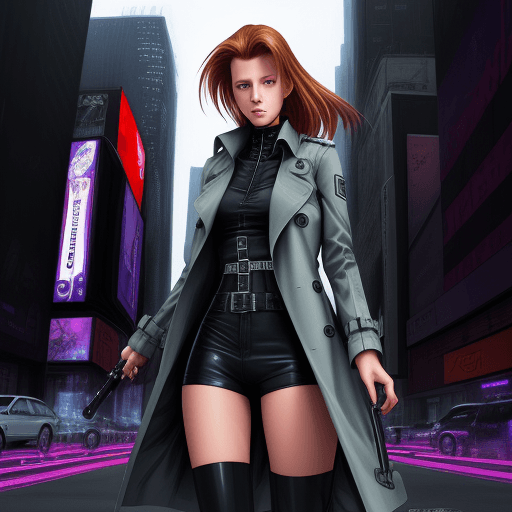 AI generated: "girl in trenchcoat pulls a digital techno-blade with self fractal-patterning edges used for justice...