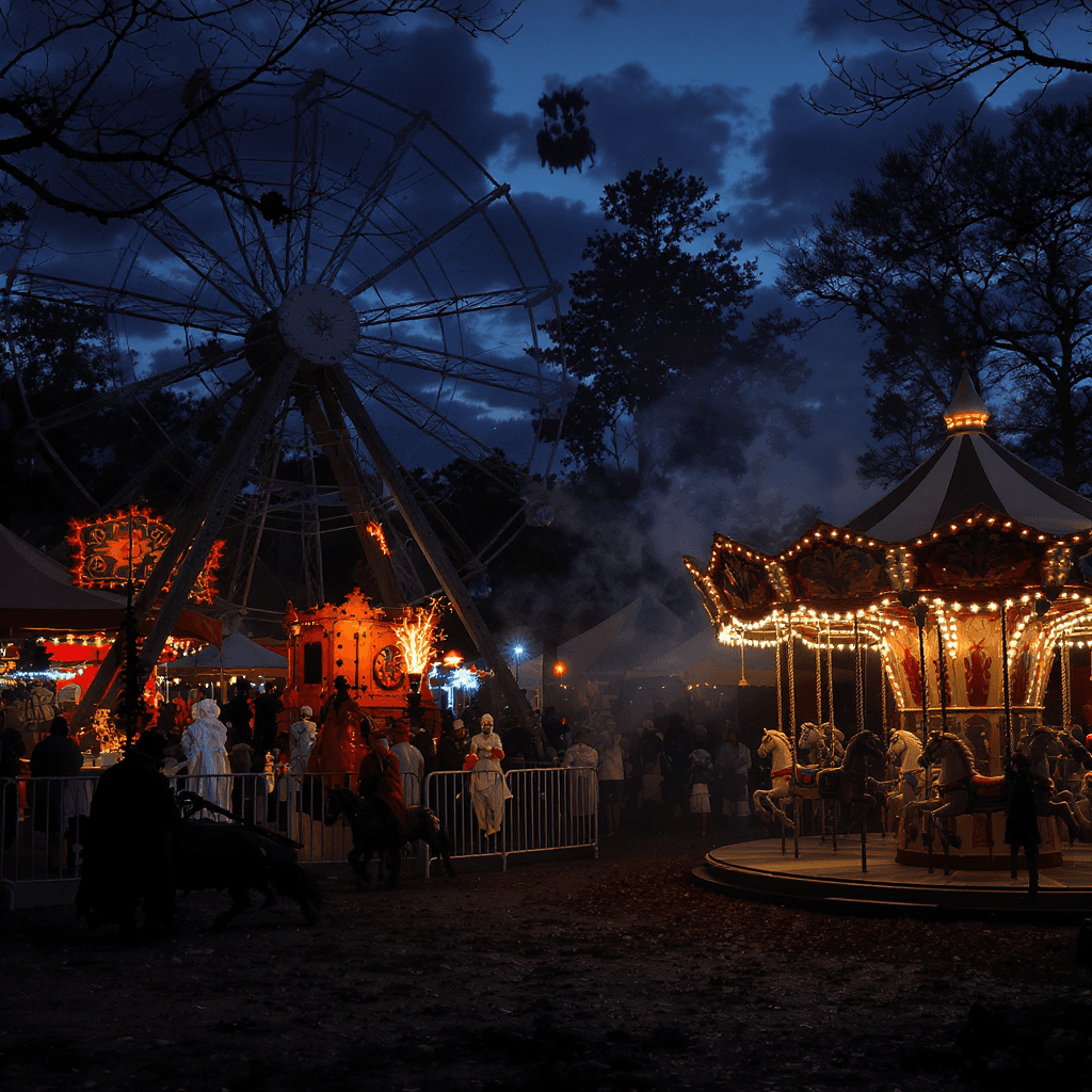 AI generated: Haunted Carnival at Twilight — a rickety Ferris wheel creaks under ghostly lanterns, skeletal clowns...