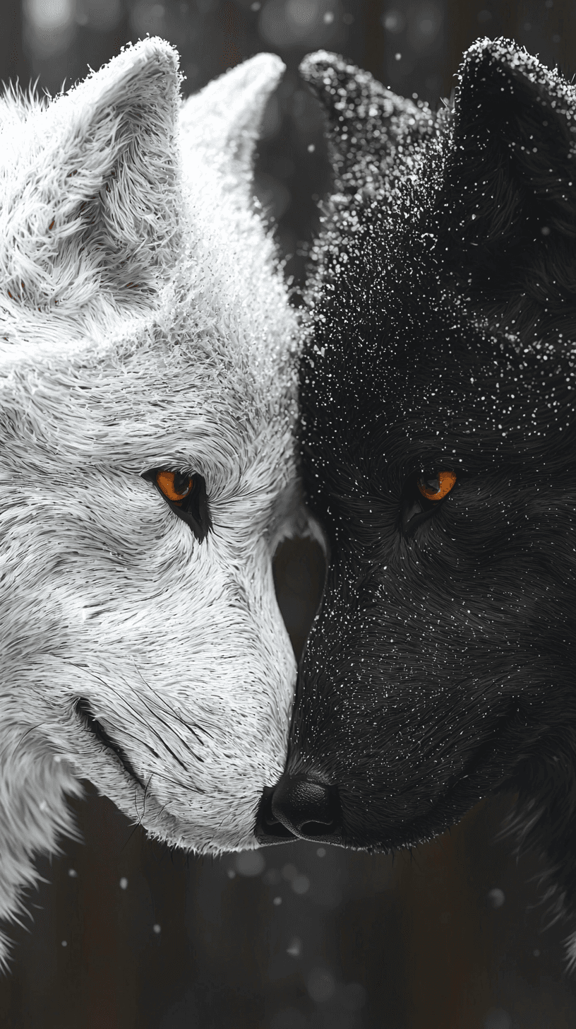 AI generated: Art illustration, sports minimalism style, fuzzy form, black wolf and white wolf, solid color backgr...