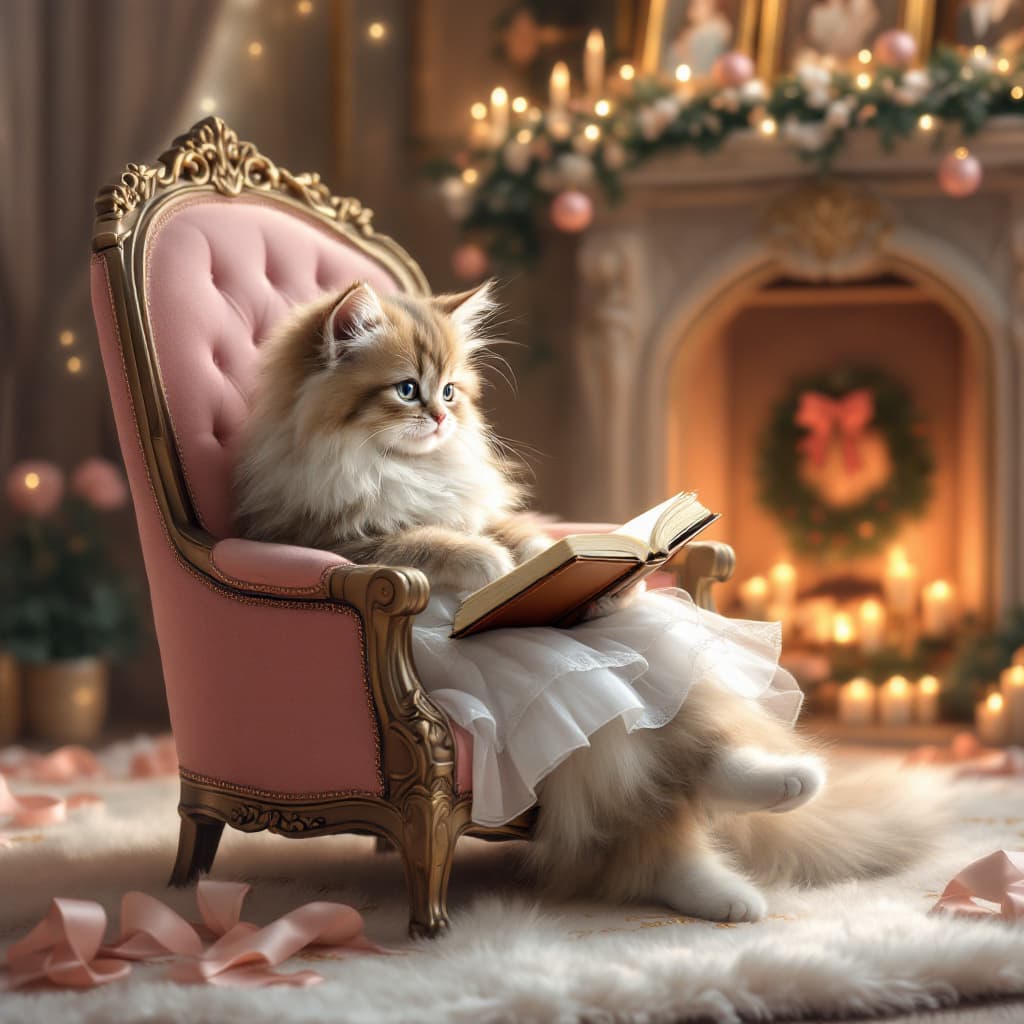 AI generated: Prompt: A beautiful long-haired kitten in an elegant dress sits in an ornate armchair, reading a boo...