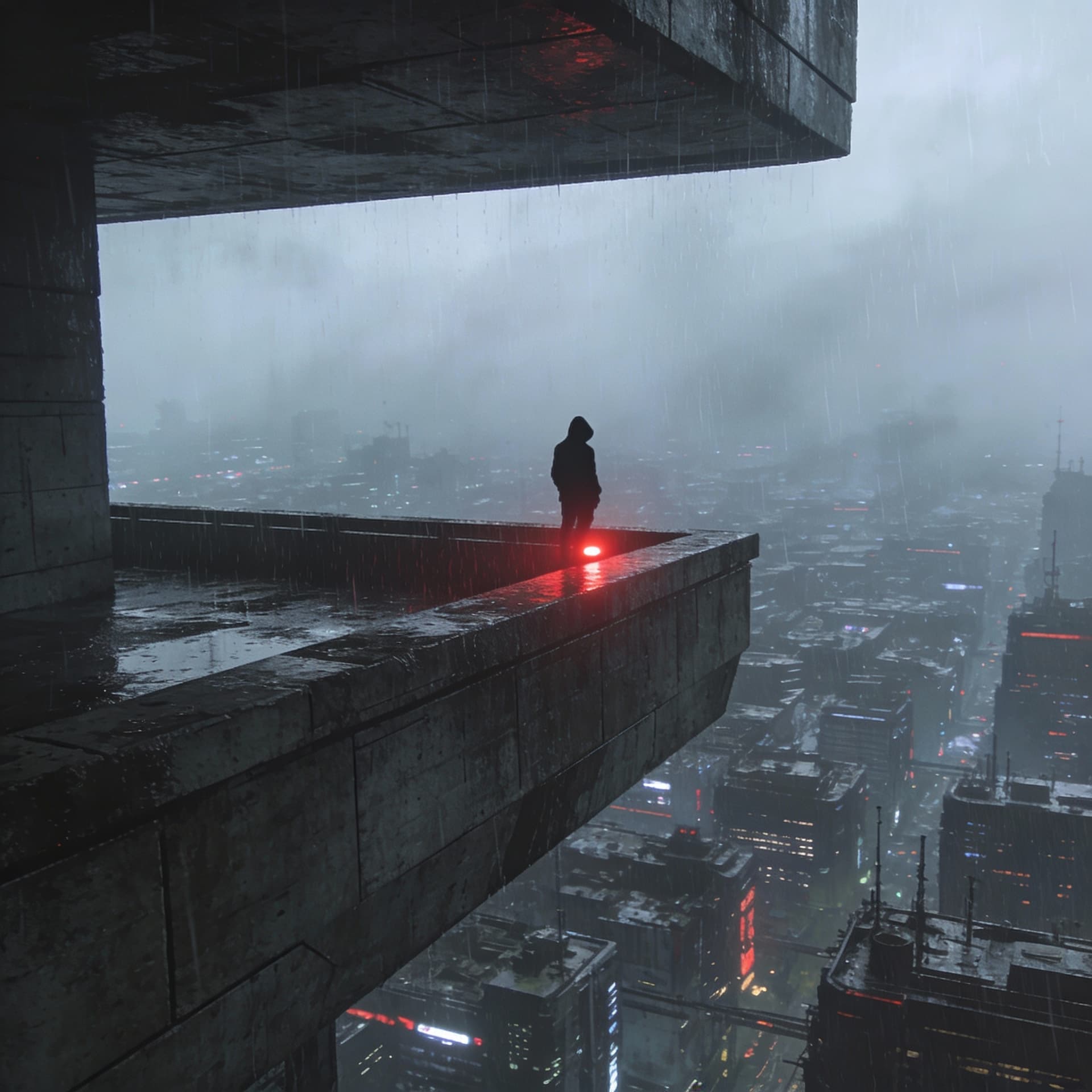 AI generated: A tiny silhouette of a hooded figure standing at the edge of a massive, brutalist balcony overlookin...