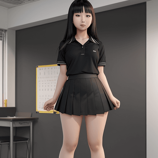 AI generated: A young Asian woman stands confidently in her black school uniform, her short skirt and small shirt ...