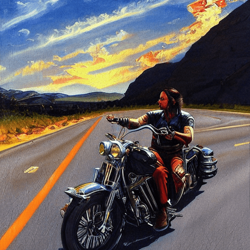AI generated: realistic painting of a man riding a harley davidson motorcycle. movie scene, cinematic scene, sunse...