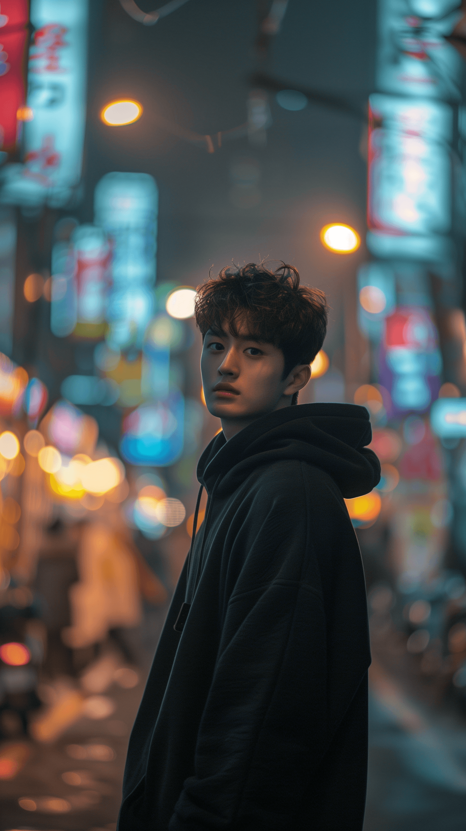 AI generated: fashion magazine cover, photography, a young, korean professional man model standing in the bustling...