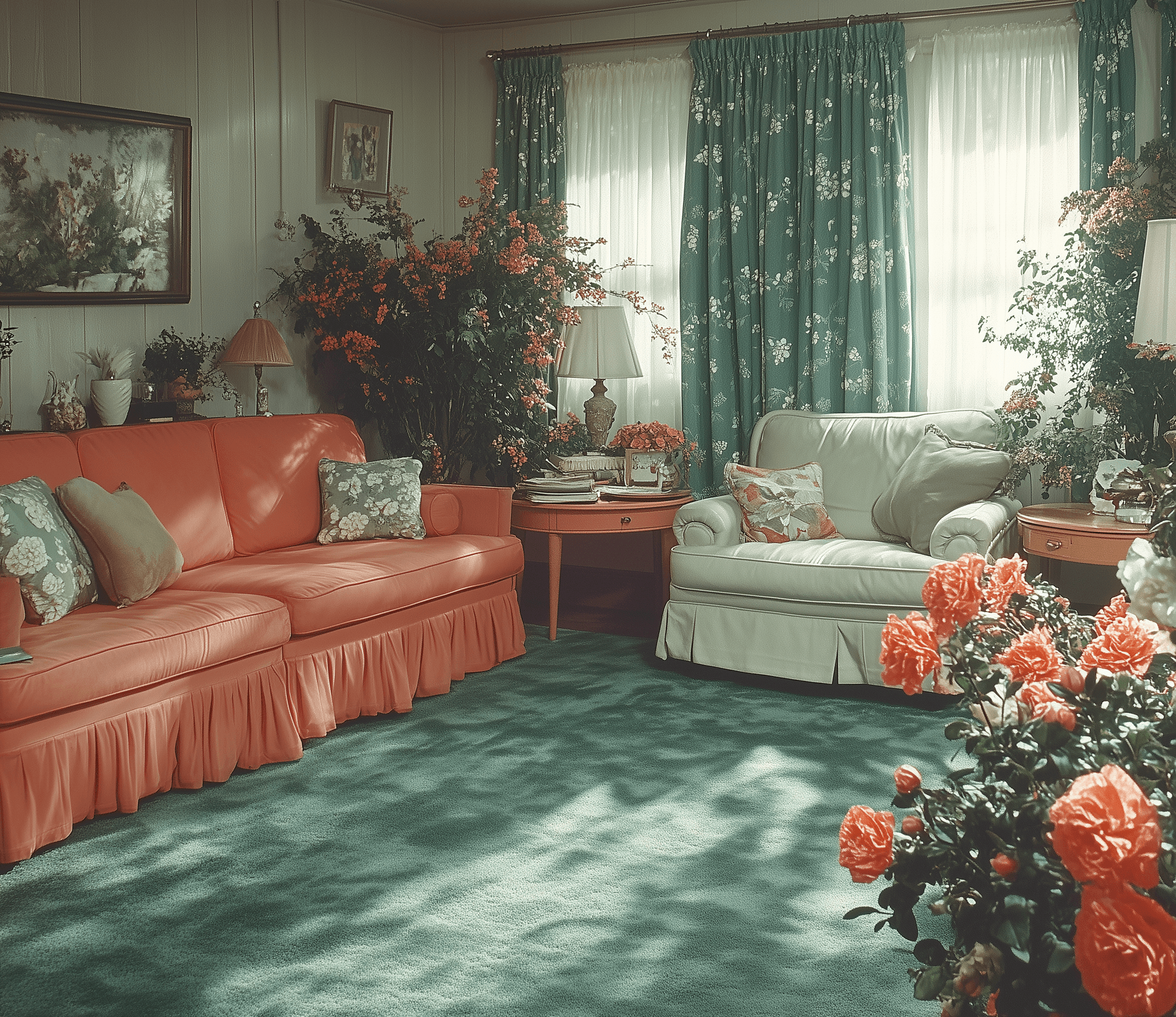 AI generated: A living room from the 1960s with light green carpet, curtains, and furniture in white and dark emer...