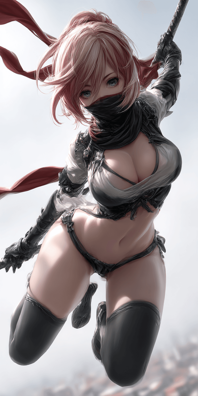 AI generated: A dynamic scene featuring a fierce female character with short, pink hair and striking blue eyes, dr...
