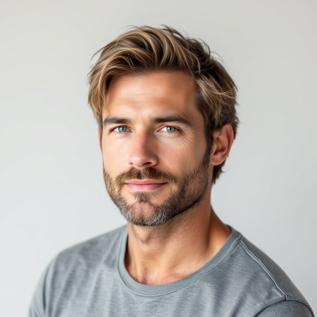 AI generated: Professional portrait of a 44-year-old white American man, light skin, medium-length dark blonde hai...