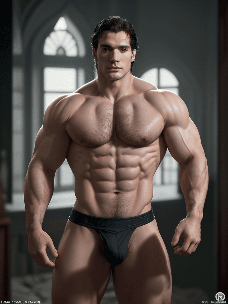 AI generated: Henry Cavill ((full nude frontal body)), big muscles and thick dick, in his thirties, fully unclothe...