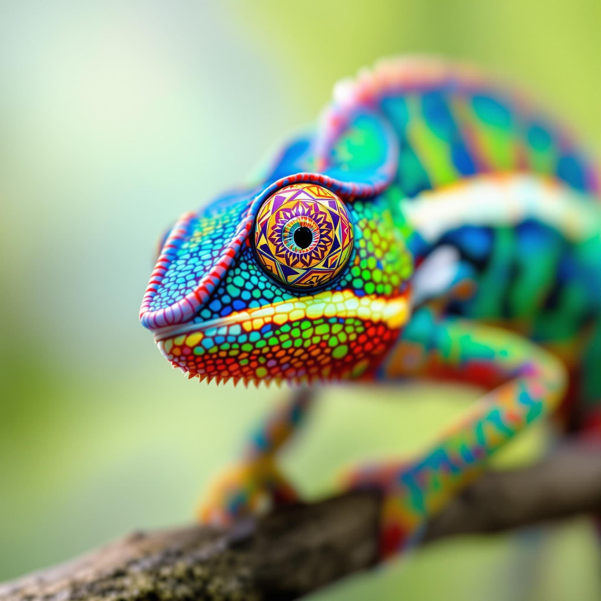 AI generated: The image features a close-up view of a colorful chameleon perched on a branch. The chameleon is viv...
