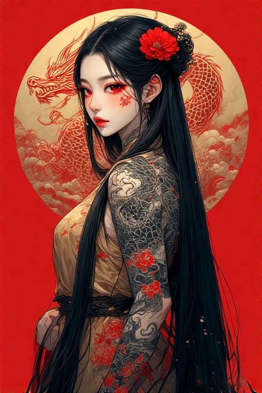 AI generated: This is a highly detailed digital artwork of an East Asian woman with long, straight black hair ador...
