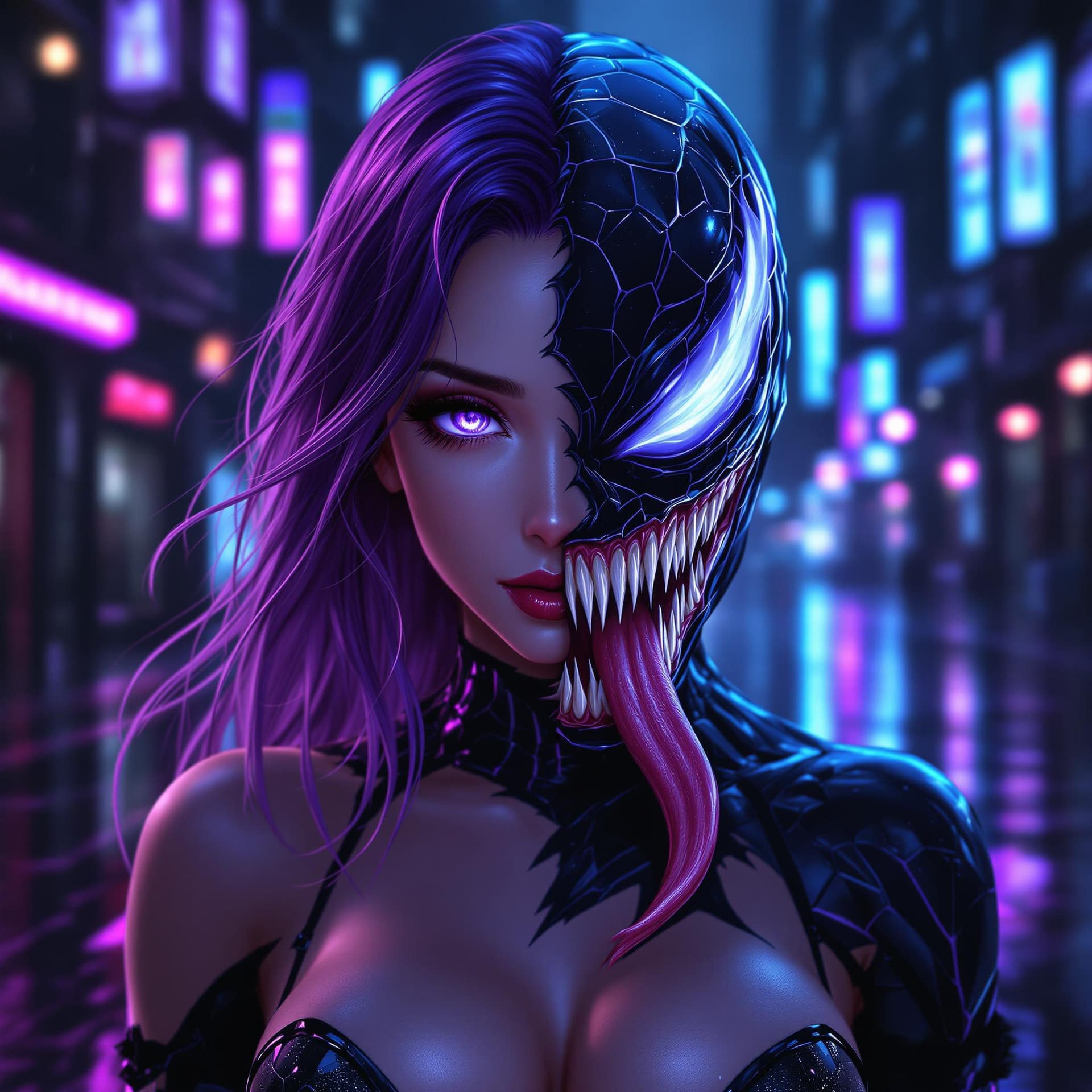 AI generated: A stunning anime-style portrait of a seductive young female character with long, flowing violet-tint...