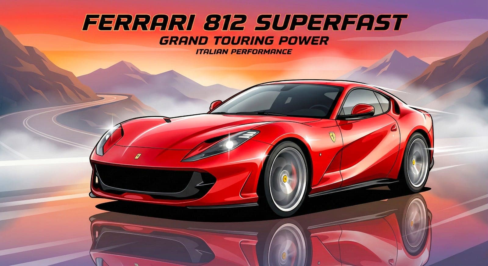 AI generated: Generate a bold vector illustration of a Ferrari 812 Superfast in bright red, positioned at a low th...