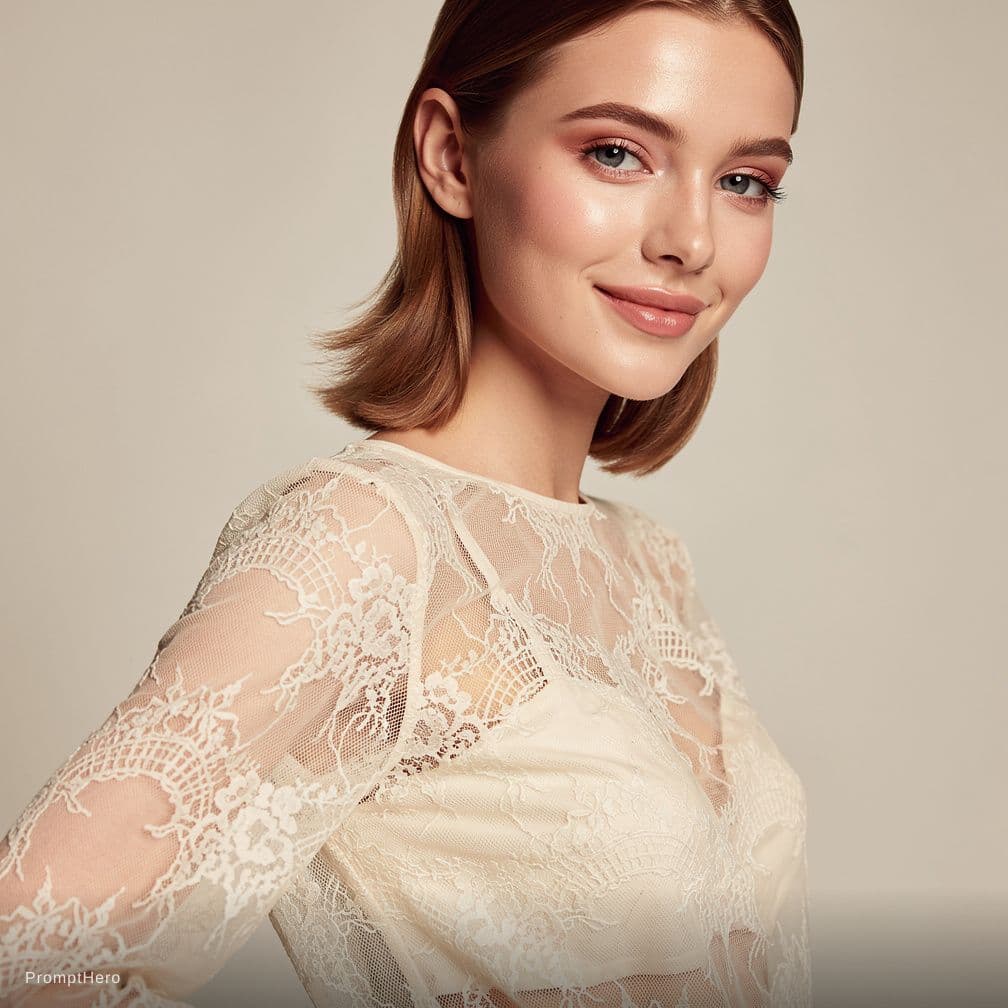 AI generated: Lace cream color bra model photoshoot image [ maintain as per attach skin ]