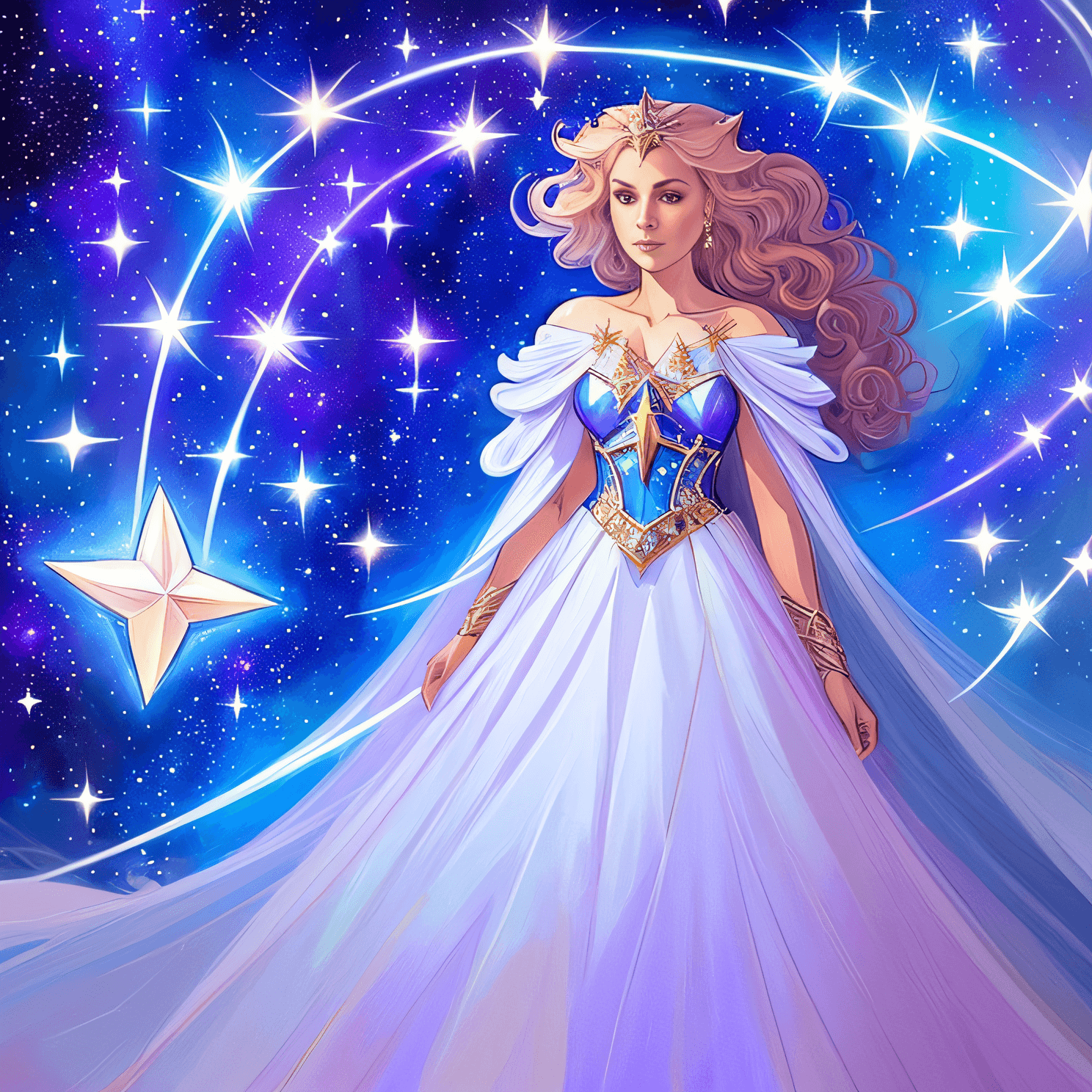 AI generated: a close up of a woman in a dress holding a star, magical concept art, flowing magical robe, concept ...