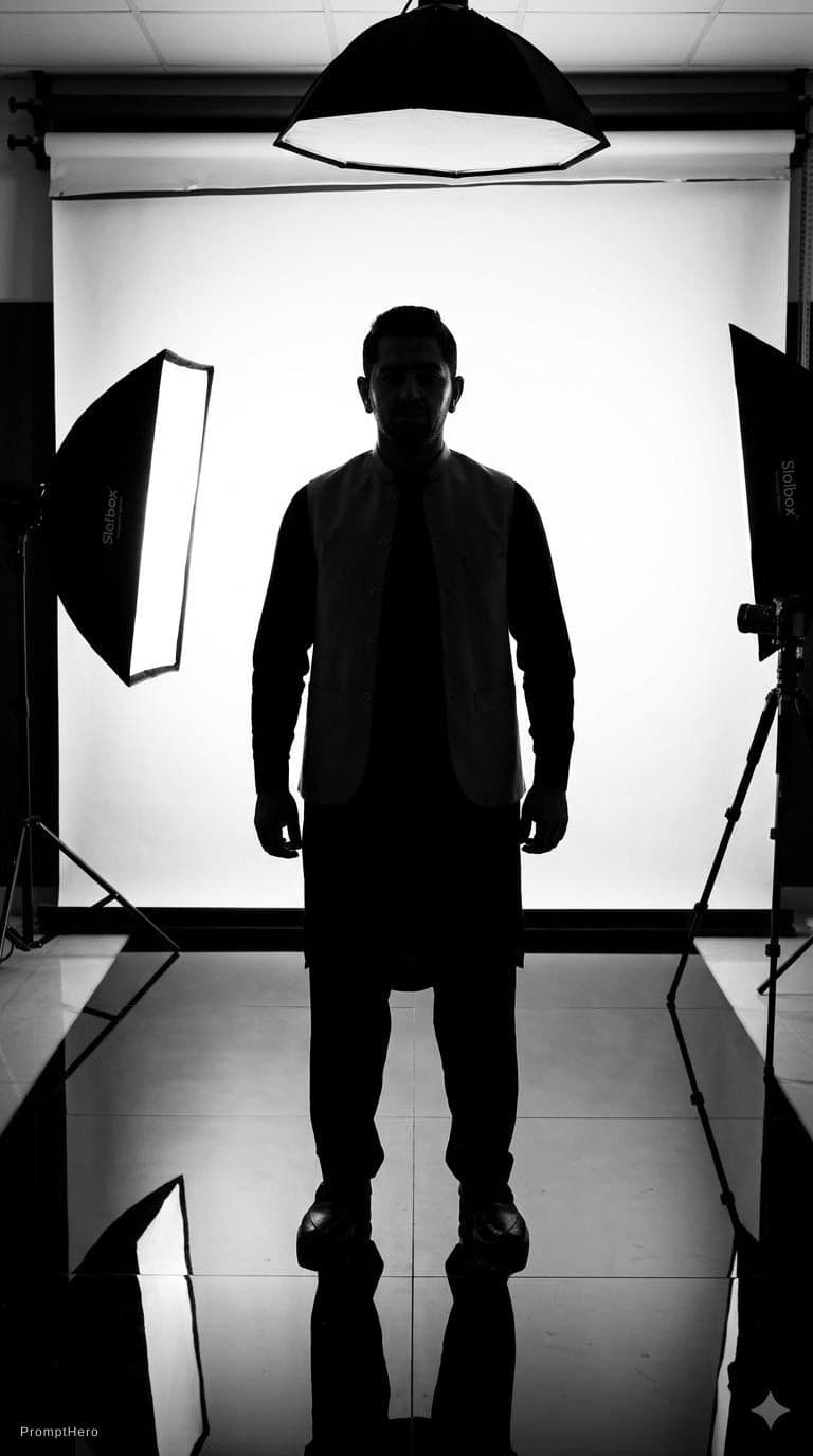 AI generated: Capture a male model's silhouette, white backdrop in photo studio, strong backlit lighting creating ...
